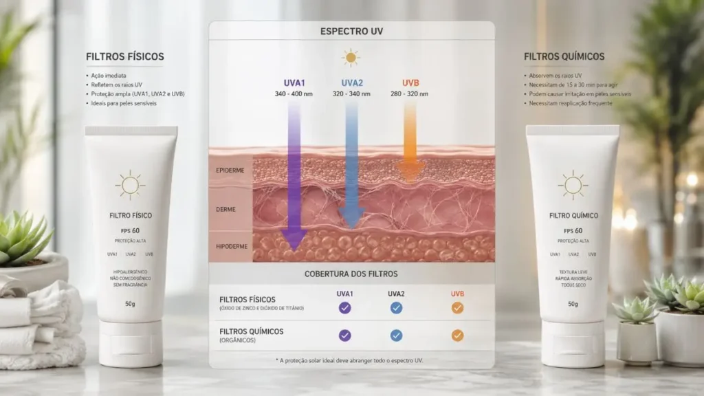 espectro UV proteção filtro físico químico UVA UVB