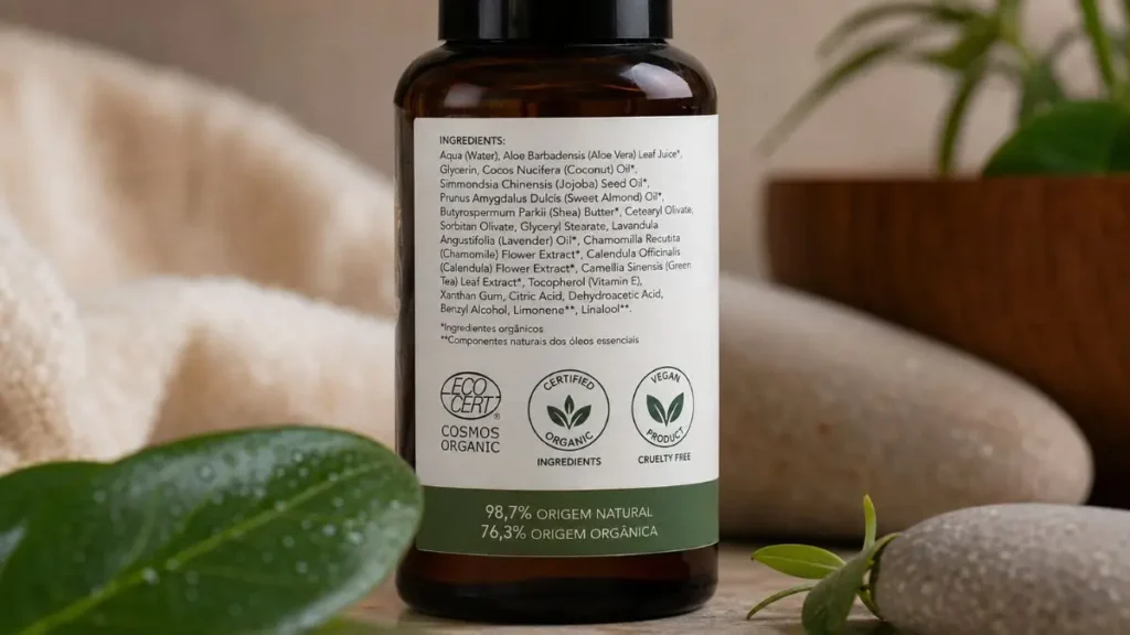 rótulo produto skincare natural certificação orgânica ingredientes lista