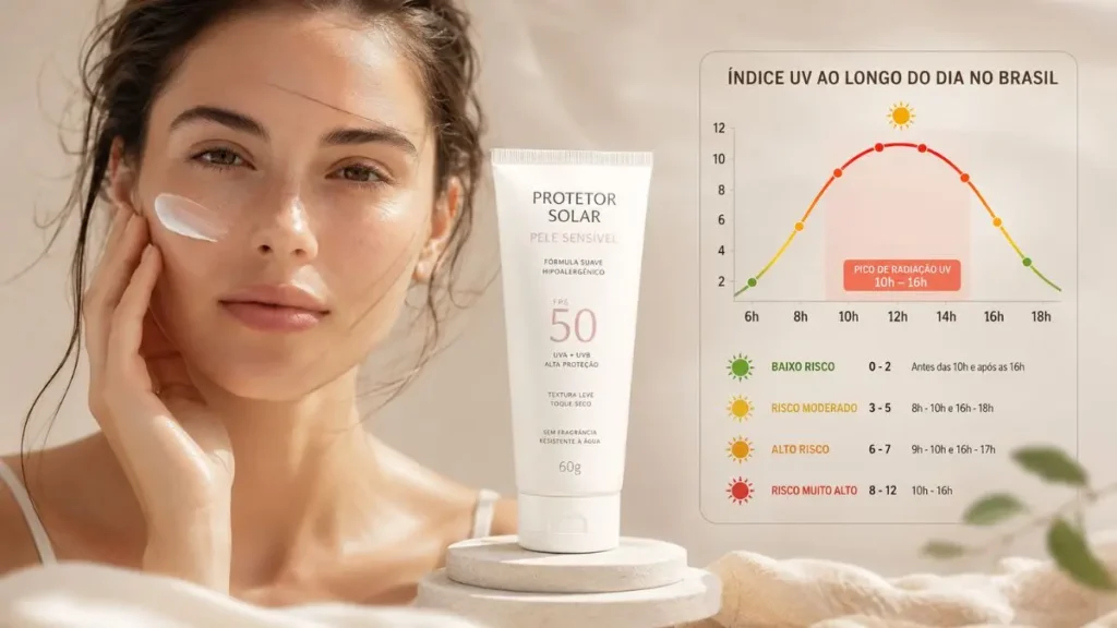 índice UV horários sol Brasil proteção solar pele sensível