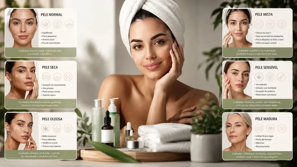 tipos de pele oleosa seca mista sensível normal características infográfico