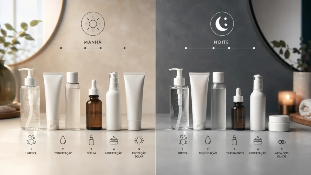 rotina skincare manhã noite ordem aplicação produtos infográfico