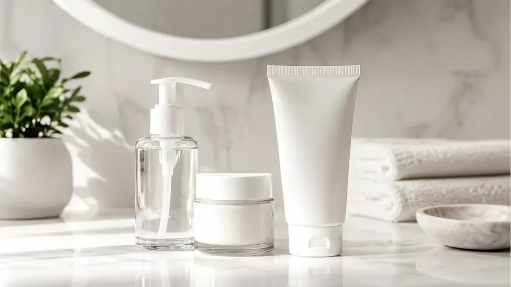 produtos essenciais rotina skincare iniciantes bancada organizada