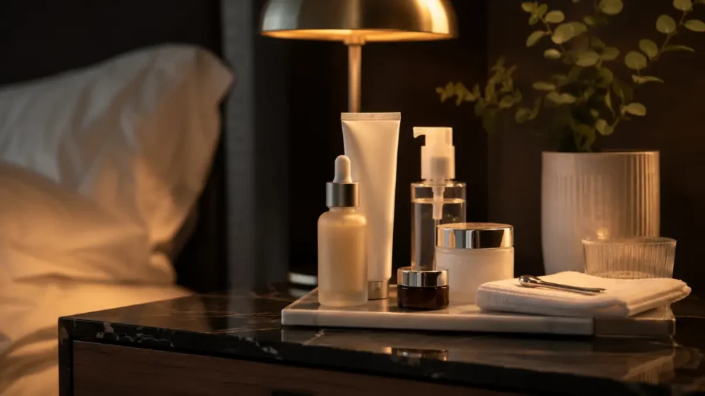 rotina skincare noturna produtos hidratante sérum mesa cabeceira