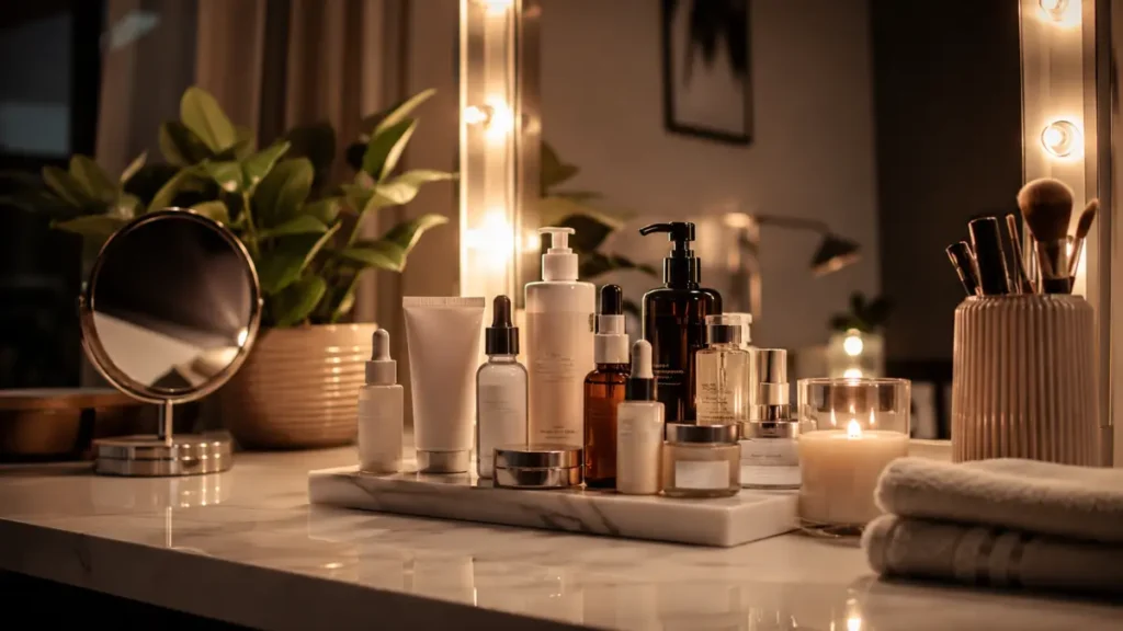 rotina skincare noturno produtos organizados mesa