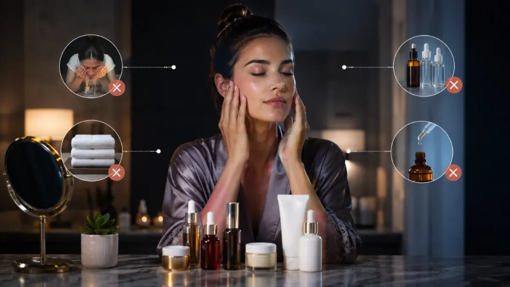 erros comuns skincare noturno infográfico