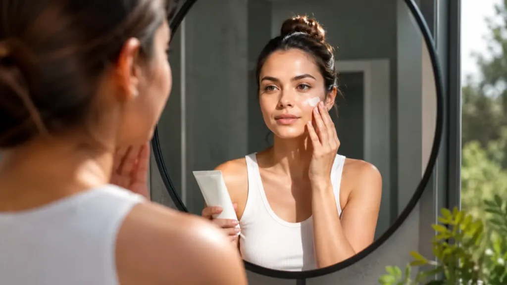 mulher aplicando proteção solar no rosto rotina skincare