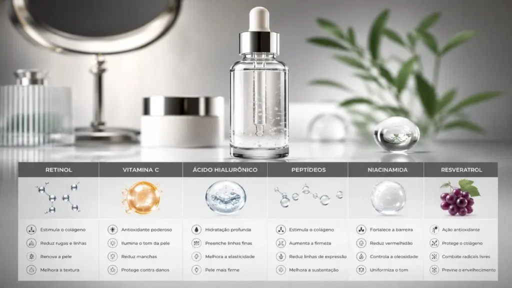 ativos anti-idade comparação retinol vitamina C niacinamida peptídeos