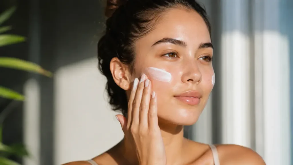 aplicação protetor solar facial FPS 50 skincare básico proteção diária