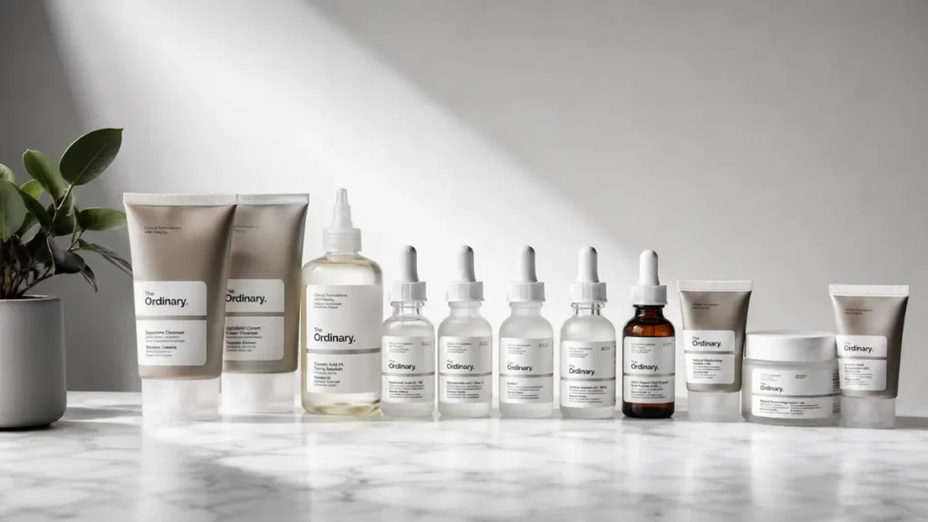 Foto de uma bancada clean com vários produtos The Ordinary alinhados por categoria, fundo branco