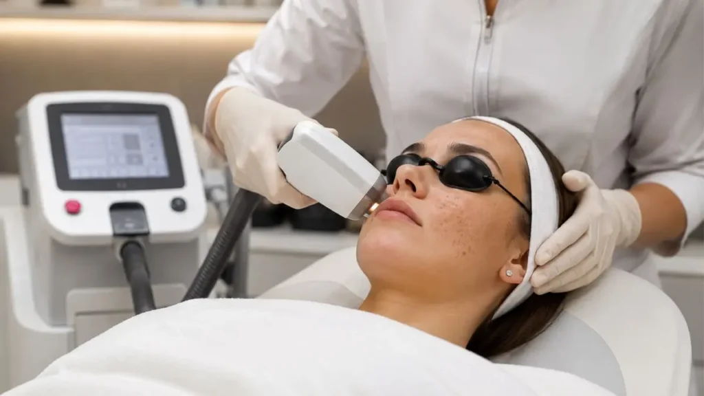 Foto de consultório dermatológico com equipamento IPL ou laser em uso profissional