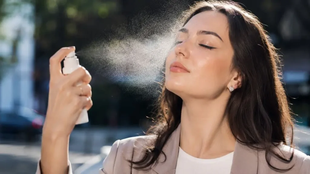 reaplicação protetor solar facial spray sobre maquiagem como fazer