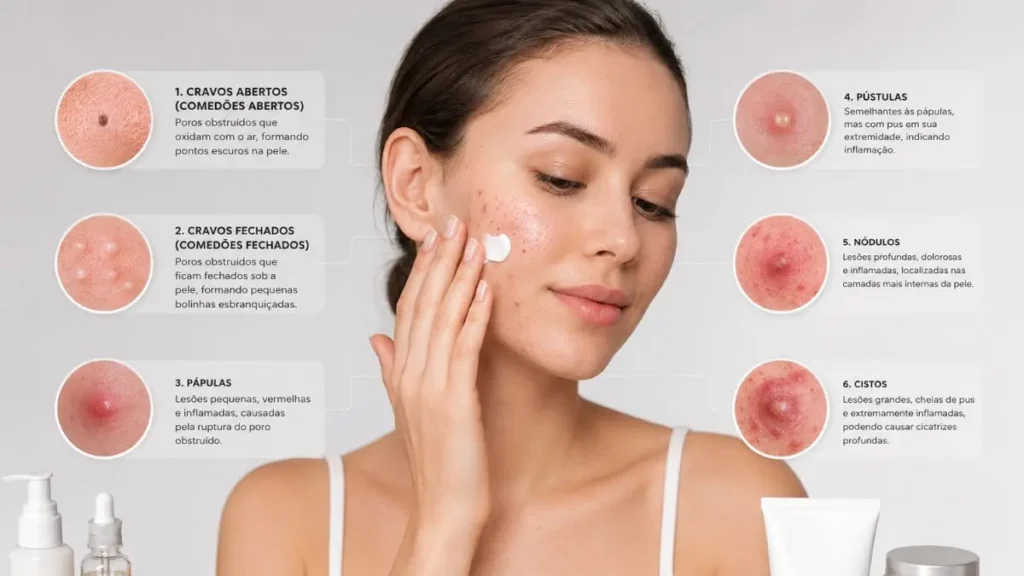 tipos de acne comedão pápula pústula nódulo cisto infográfico