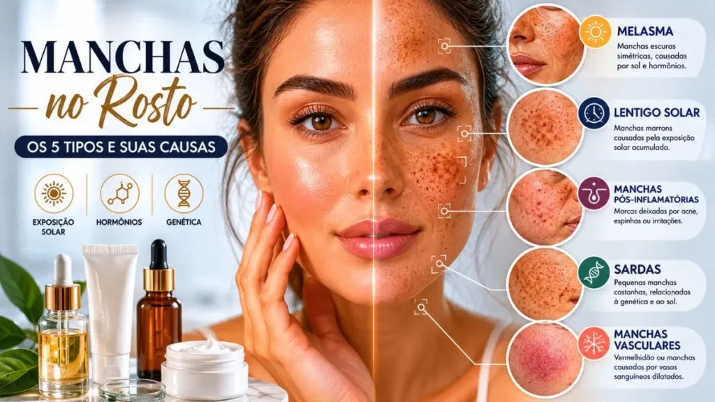 tipos de manchas faciais melasma HPI lentigo solar infográfico