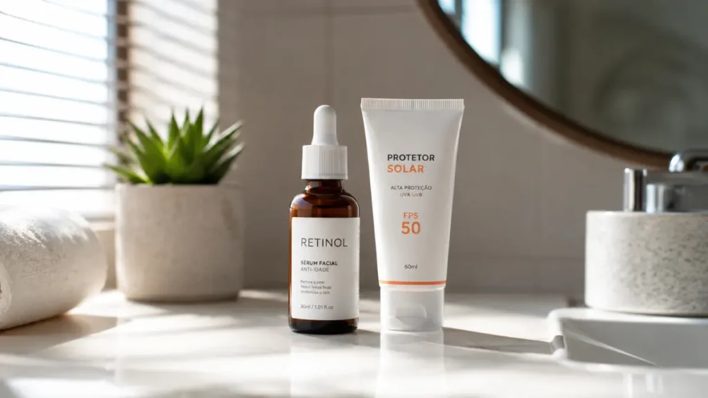 frasco retinol e protetor solar rotina noturna