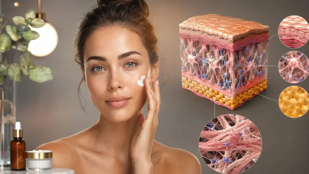 estrutura pele colágeno fibroblastos derme infográfico