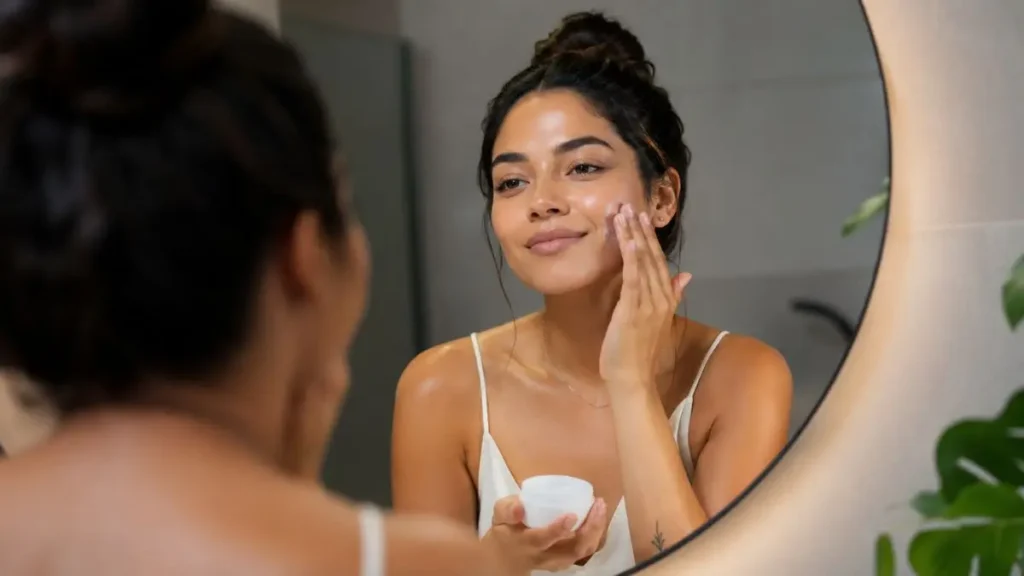 mulher aplicando hidratante para pele oleosa rotina skincare