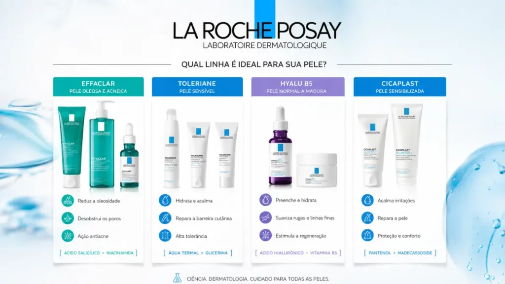 guia linhas La Roche-Posay por tipo de pele infográfico 2026
