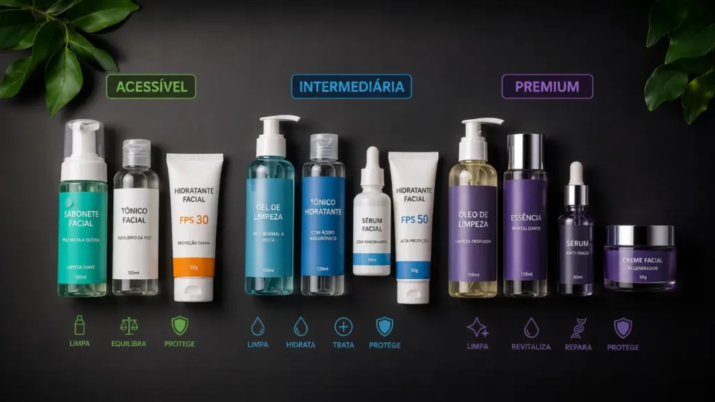 comparativo kit skincare básico acessível intermediário premium preços brasil 2026