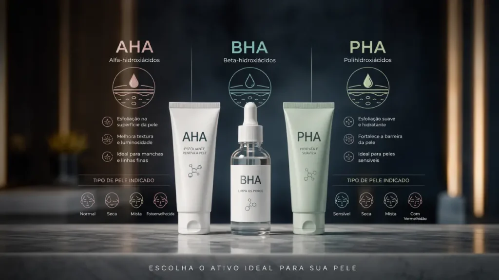 diferença entre AHA BHA PHA ácidos esfoliantes