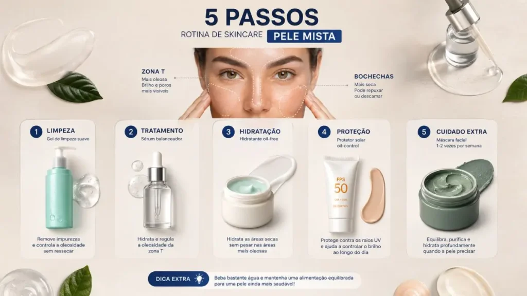 rotina skincare pele mista passo a passo
