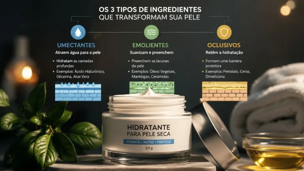 tipos de ingredientes hidratantes pele sensível infográfico