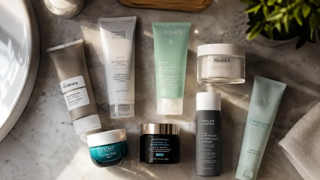 produtos esfoliantes faciais organizados bancada