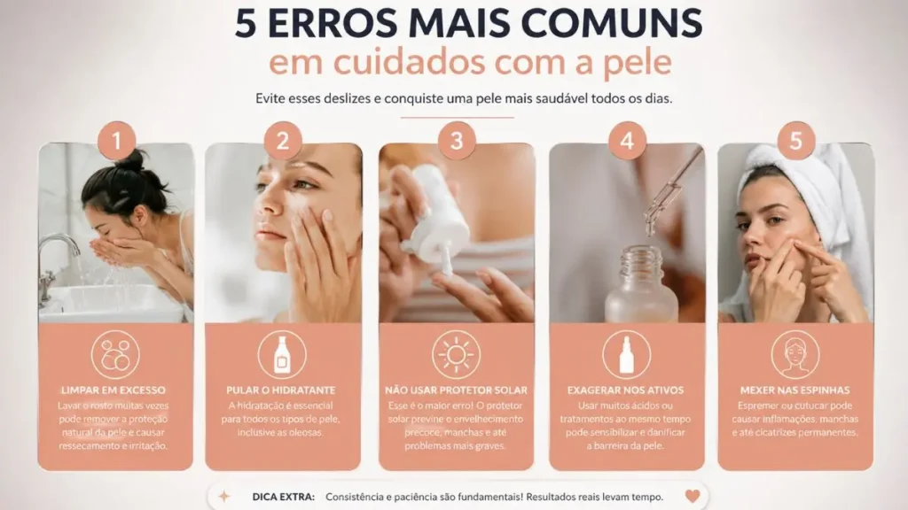 Cuidados com a Pele: Guia Completo para uma Rotina Saudável 4 erros comuns rotina de skincare infográfico