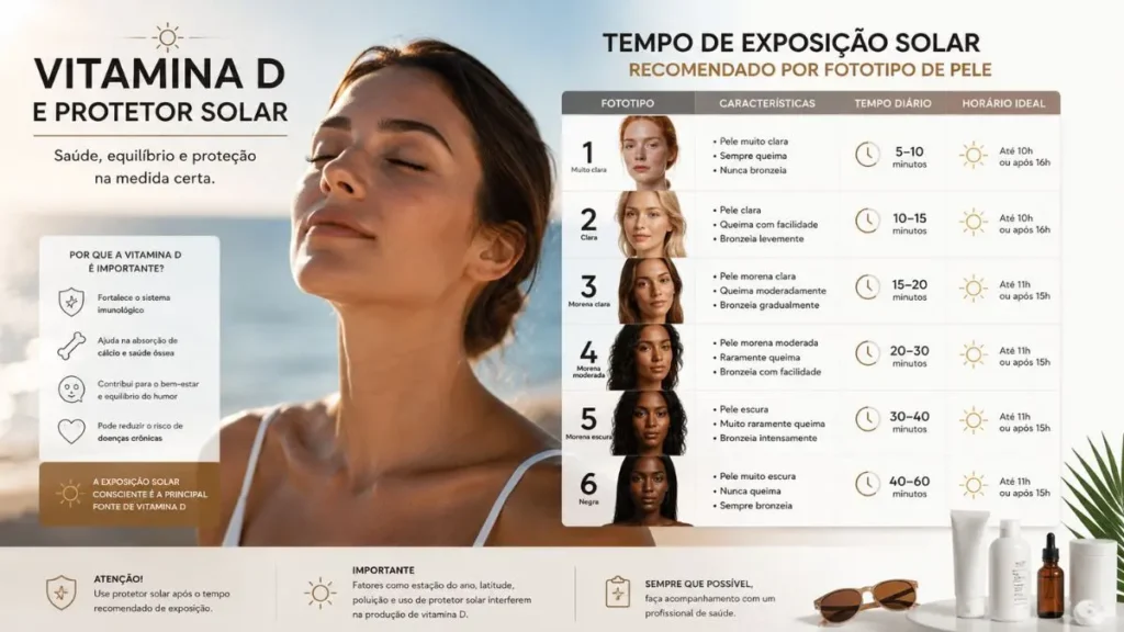tempo exposição solar vitamina D por tipo de pele