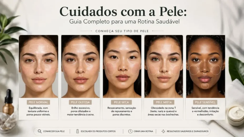 Cuidados com a Pele: Guia Completo para uma Rotina Saudável 2 tipos de pele oleosa seca mista sensível normal ilustração
