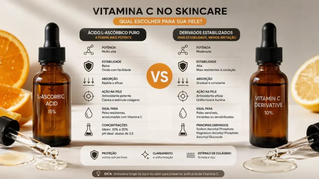 Vitamina C no Skincare: Para Que Serve e Como Usar 3 comparativo tipos de vitamina C skincare