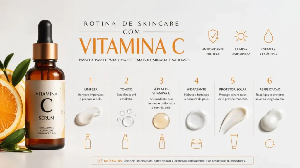 Vitamina C no Skincare: Para Que Serve e Como Usar 4 passo a passo rotina vitamina C skincare