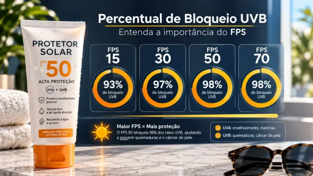 Como Escolher o Protetor Solar Ideal: Guia Completo 3 comparação FPS 15 30 50 70 protecao UVB