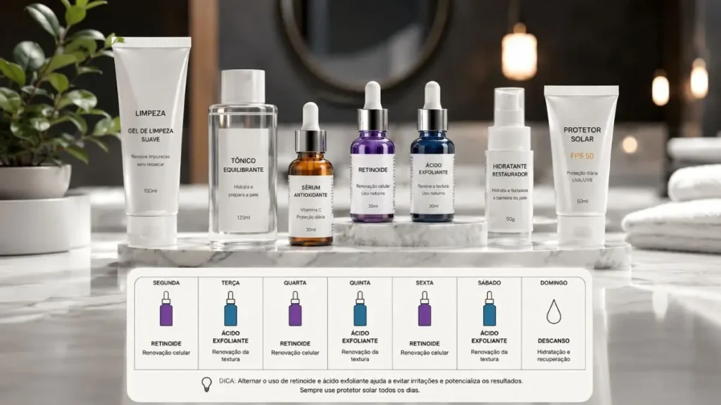 Como Combinar Ativos de Skincare: Guia Seguro e Prático 4 cronograma semanal rotina noturna retinoide ácido exfoliante