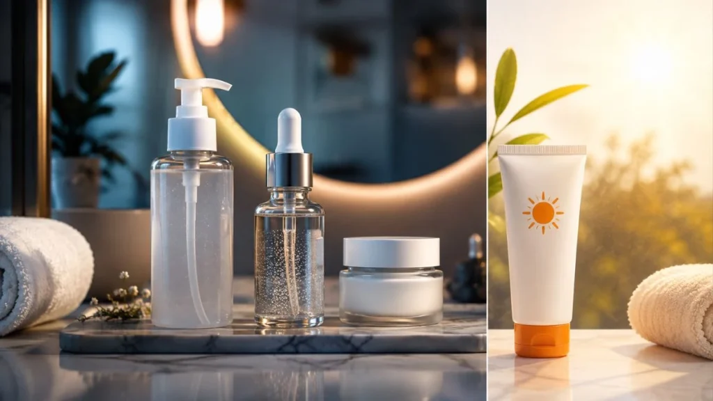 Rotina de skincare com ácido glicólico à noite e protetor solar pela manhã