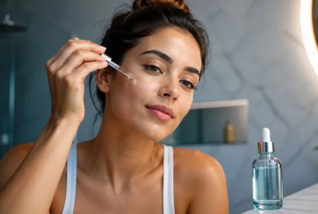 Mulher aplicando sérum de ácido hialurônico no rosto