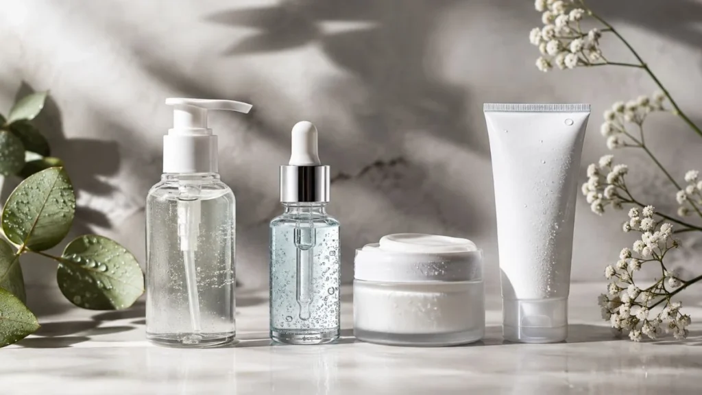 Rotina de skincare com ácido hialurônico, hidratante e protetor solar