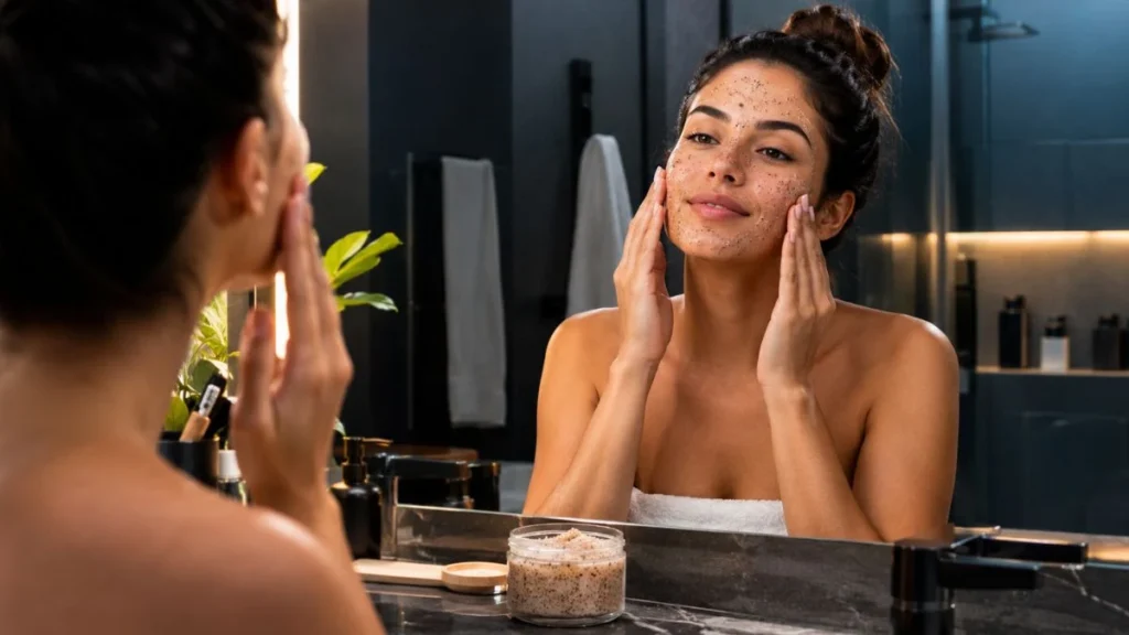 Esfoliação da Pele: Guia Completo para Fazer do Jeito Certo 2 Mulher realizando rotina de skincare com produto esfoliante facial