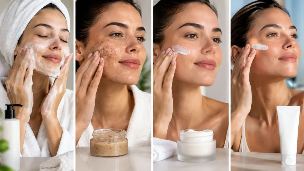 Esfoliação da Pele: Guia Completo para Fazer do Jeito Certo 4 Passo a passo da esfoliação facial com limpeza, esfoliante, hidratante e protetor solar