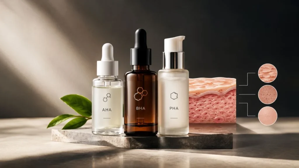 Esfoliação da Pele: Guia Completo para Fazer do Jeito Certo 5 Comparação visual entre AHA, BHA e PHA na rotina de skincare