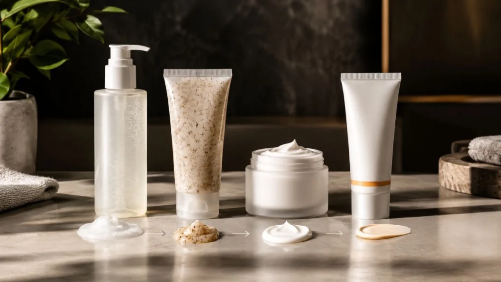 Esfoliação da Pele: Guia Completo para Fazer do Jeito Certo 6 Produtos de uma rotina de skincare com esfoliante, hidratante e protetor solar